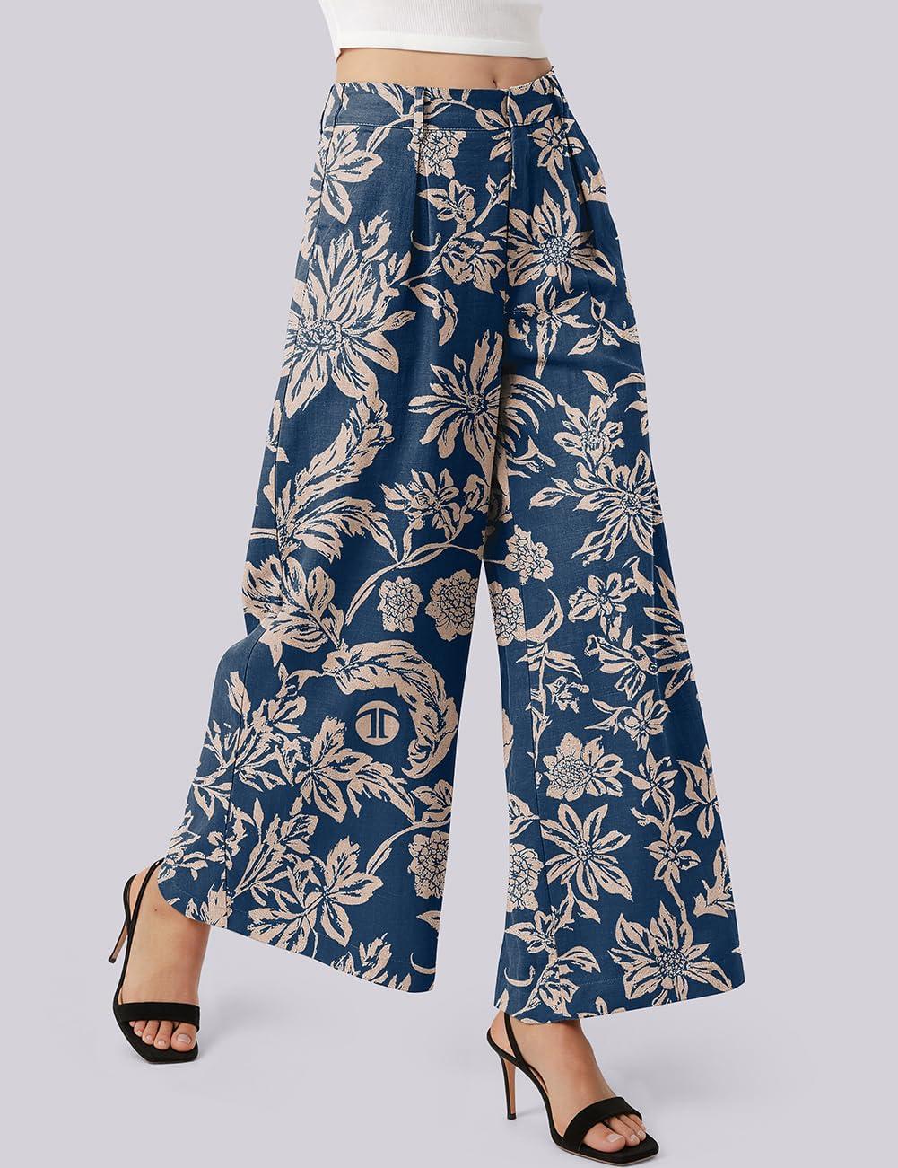 image:imageTARSE Womens Linen Wide Leg Palazzo Pants 2026 High Waist Pleated Printed Flowy Work Casual Trousers with PocketsFlowerleaveblue