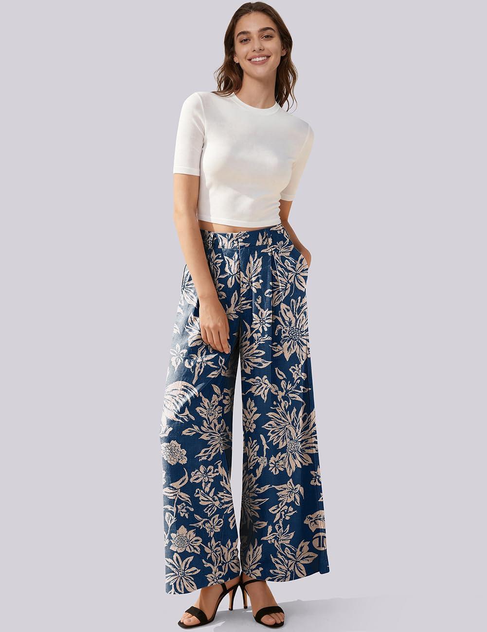 image:imageTARSE Womens Linen Wide Leg Palazzo Pants 2026 High Waist Pleated Printed Flowy Work Casual Trousers with PocketsFlowerleaveblue