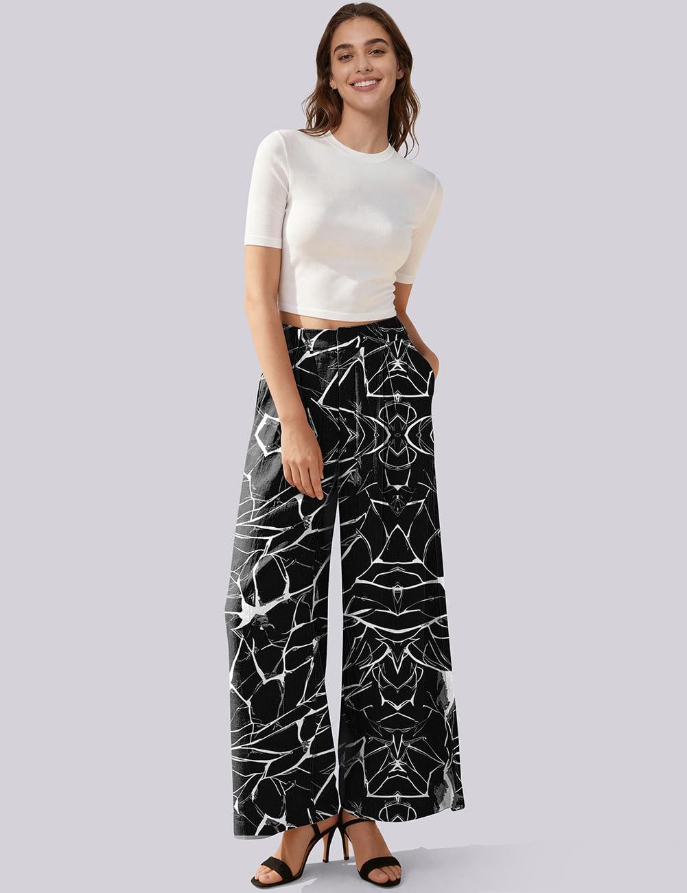 image:imageTARSE Womens Linen Wide Leg Palazzo Pants 2026 High Waist Pleated Printed Flowy Work Casual Trousers with PocketsLeafstemblack