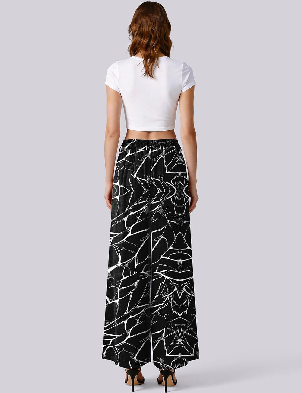 image:imageTARSE Womens Linen Wide Leg Palazzo Pants 2026 High Waist Pleated Printed Flowy Work Casual Trousers with PocketsLeafstemblack