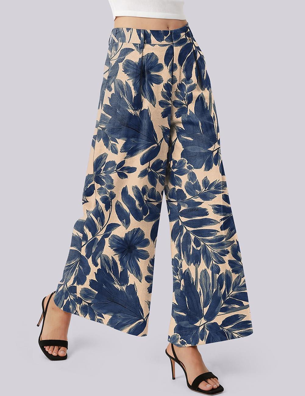image:imageTARSE Womens Linen Wide Leg Palazzo Pants 2026 High Waist Pleated Printed Flowy Work Casual Trousers with PocketsNavyleavepaint1