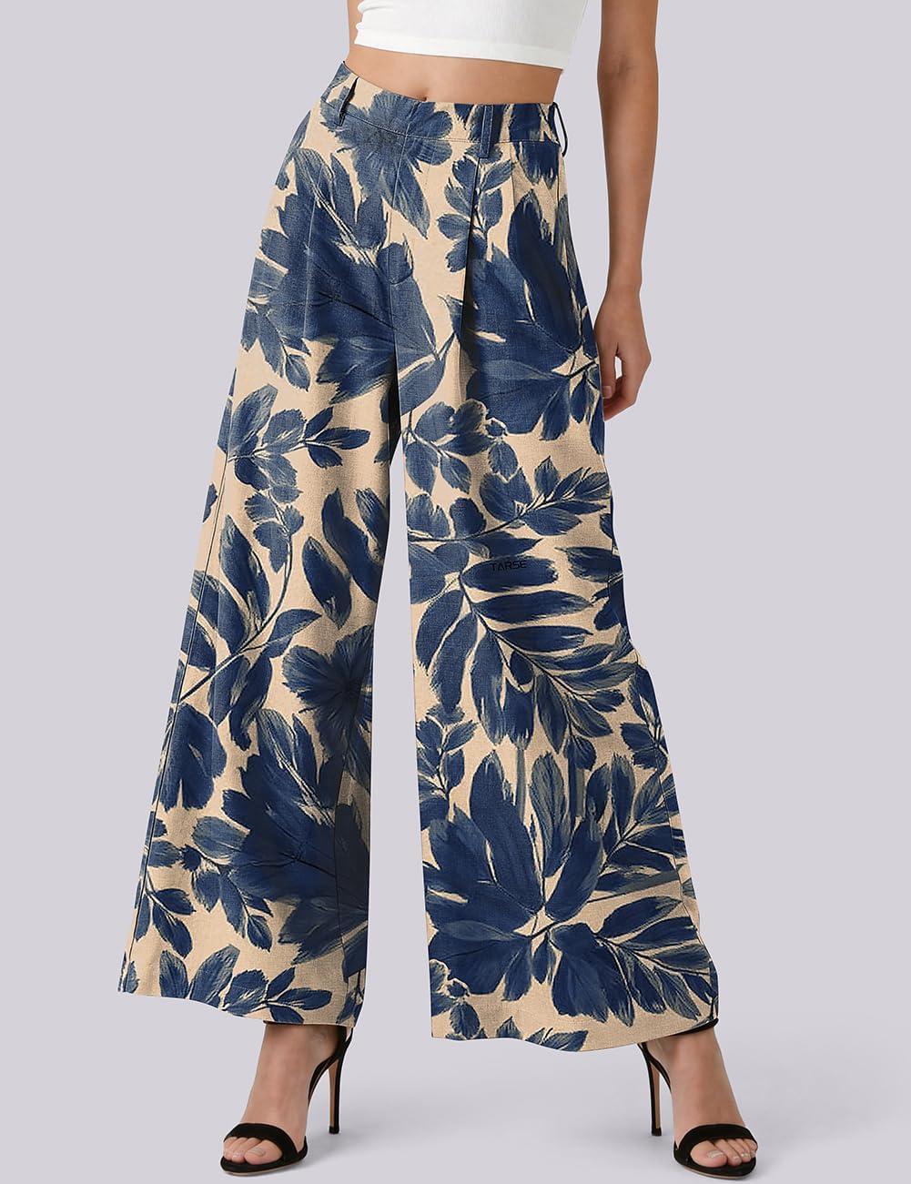 image:imageTARSE Womens Linen Wide Leg Palazzo Pants 2026 High Waist Pleated Printed Flowy Work Casual Trousers with PocketsNavyleavepaint1