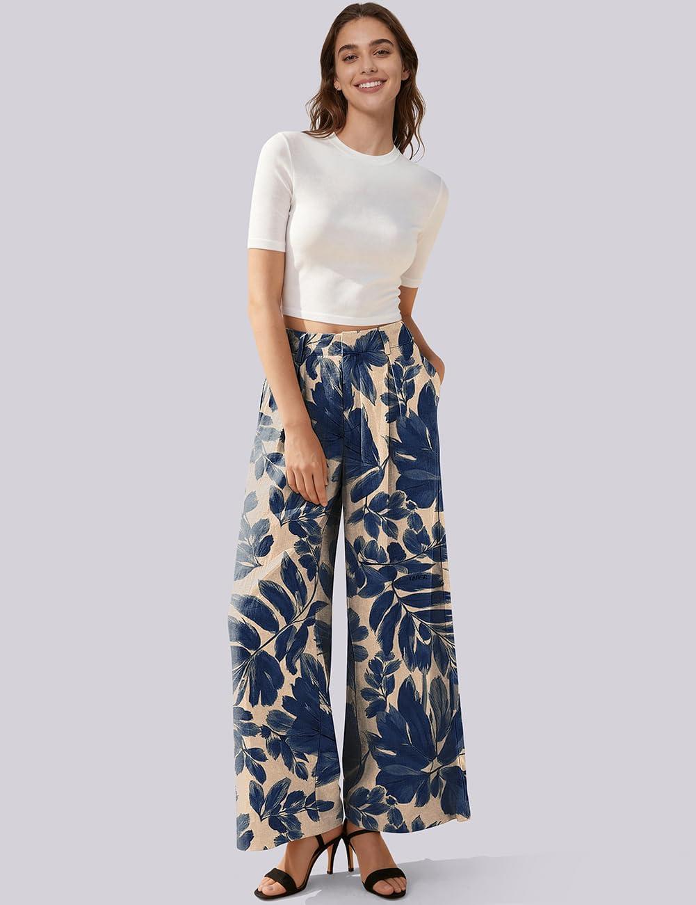 image:imageTARSE Womens Linen Wide Leg Palazzo Pants 2026 High Waist Pleated Printed Flowy Work Casual Trousers with PocketsNavyleavepaint1