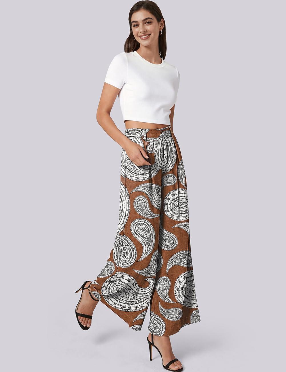 image:imageTARSE Womens Linen Wide Leg Palazzo Pants 2026 High Waist Pleated Printed Flowy Work Casual Trousers with PocketsPaisleycoffee