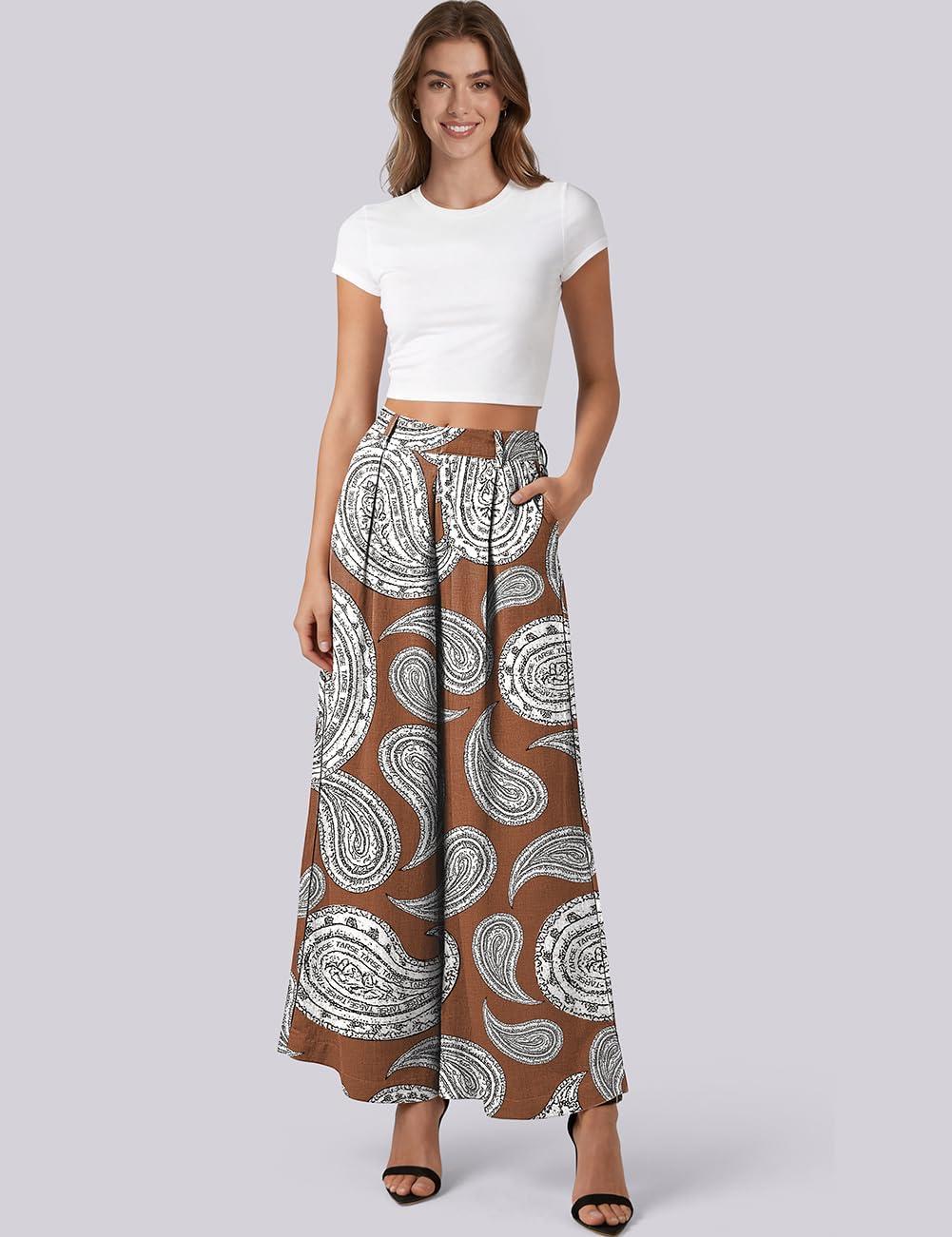 image:imageTARSE Womens Linen Wide Leg Palazzo Pants 2026 High Waist Pleated Printed Flowy Work Casual Trousers with PocketsPaisleycoffee