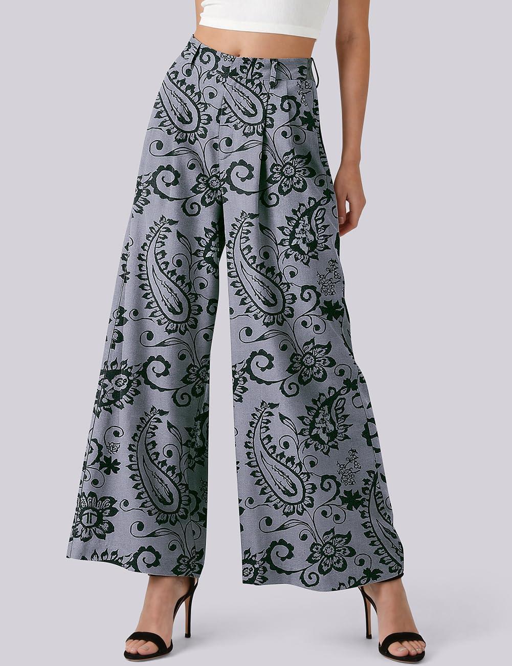 image:imageTARSE Womens Linen Wide Leg Palazzo Pants 2026 High Waist Pleated Printed Flowy Work Casual Trousers with PocketsPaisleygray