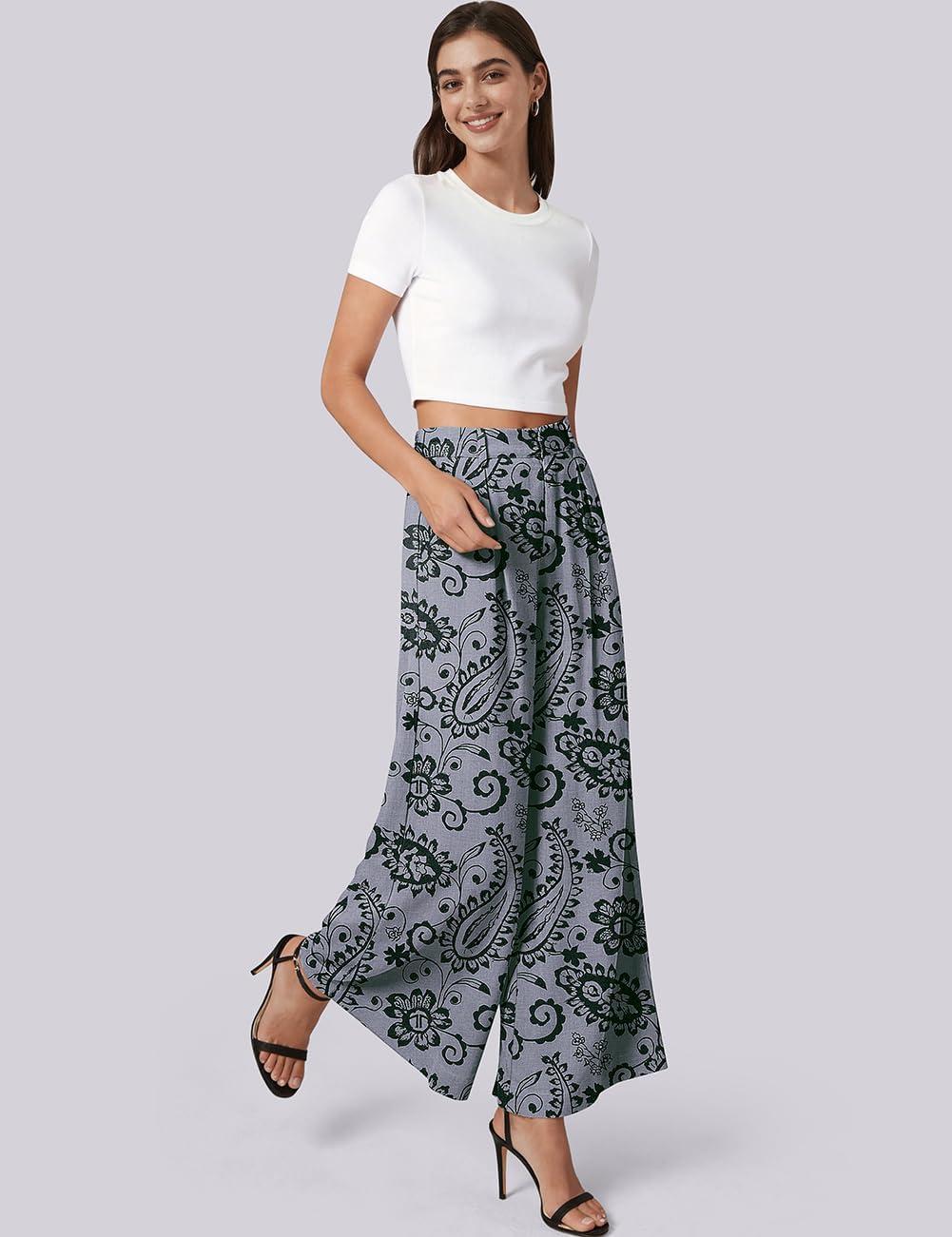 image:imageTARSE Womens Linen Wide Leg Palazzo Pants 2026 High Waist Pleated Printed Flowy Work Casual Trousers with PocketsPaisleygray