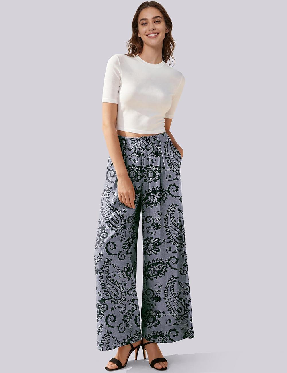 image:imageTARSE Womens Linen Wide Leg Palazzo Pants 2026 High Waist Pleated Printed Flowy Work Casual Trousers with PocketsPaisleygray