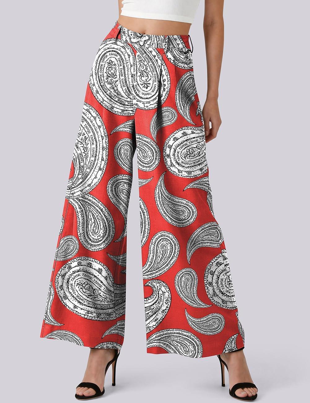 image:imageTARSE Womens Linen Wide Leg Palazzo Pants 2026 High Waist Pleated Printed Flowy Work Casual Trousers with PocketsPaisleyred