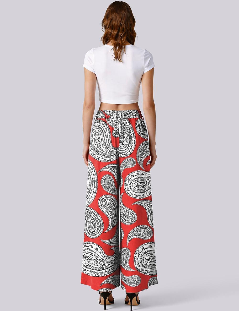 image:imageTARSE Womens Linen Wide Leg Palazzo Pants 2026 High Waist Pleated Printed Flowy Work Casual Trousers with PocketsPaisleyred