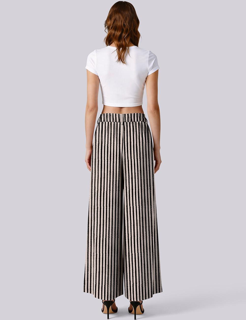 image:imageTARSE Womens Linen Wide Leg Palazzo Pants 2026 High Waist Pleated Printed Flowy Work Casual Trousers with PocketsStripeblackbeige