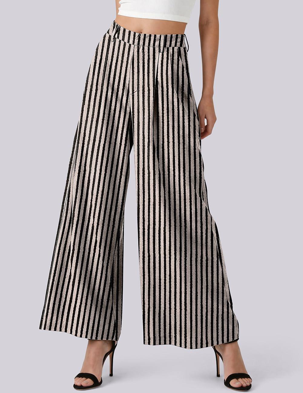 image:imageTARSE Womens Linen Wide Leg Palazzo Pants 2026 High Waist Pleated Printed Flowy Work Casual Trousers with PocketsStripeblackbeige