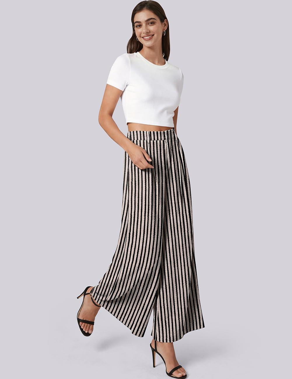 image:imageTARSE Womens Linen Wide Leg Palazzo Pants 2026 High Waist Pleated Printed Flowy Work Casual Trousers with PocketsStripeblackbeige