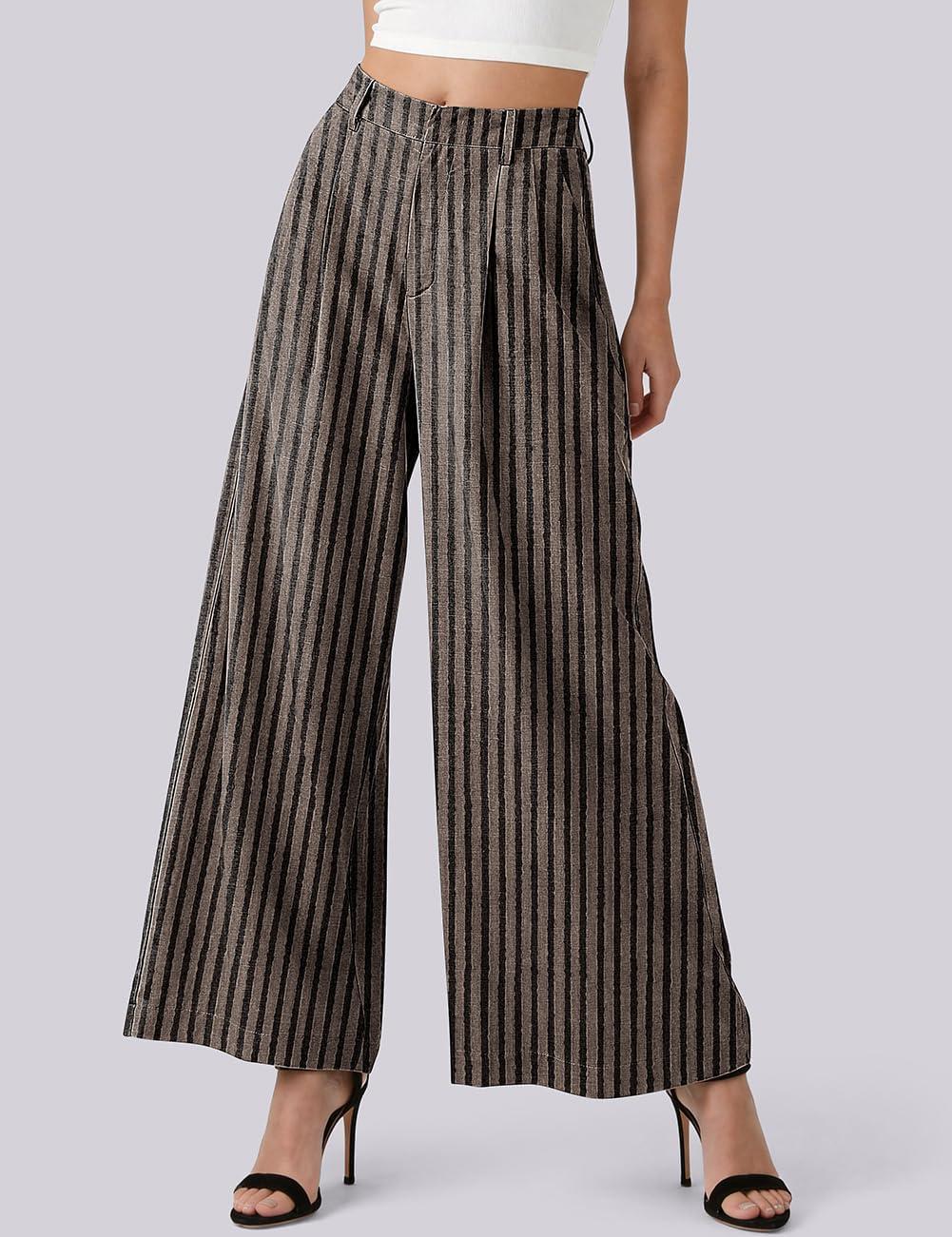 image:imageTARSE Womens Linen Wide Leg Palazzo Pants 2026 High Waist Pleated Printed Flowy Work Casual Trousers with PocketsStripeblackkhaki