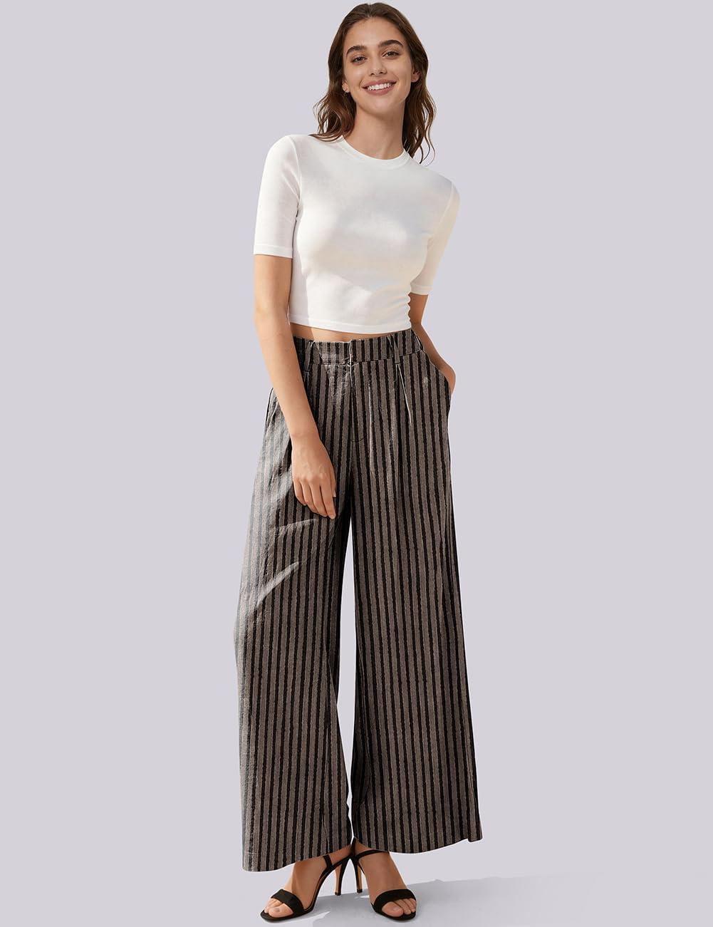 image:imageTARSE Womens Linen Wide Leg Palazzo Pants 2026 High Waist Pleated Printed Flowy Work Casual Trousers with PocketsStripeblackkhaki