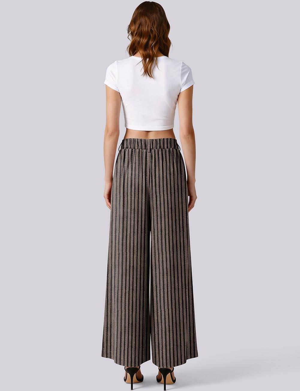 image:imageTARSE Womens Linen Wide Leg Palazzo Pants 2026 High Waist Pleated Printed Flowy Work Casual Trousers with PocketsStripeblackkhaki