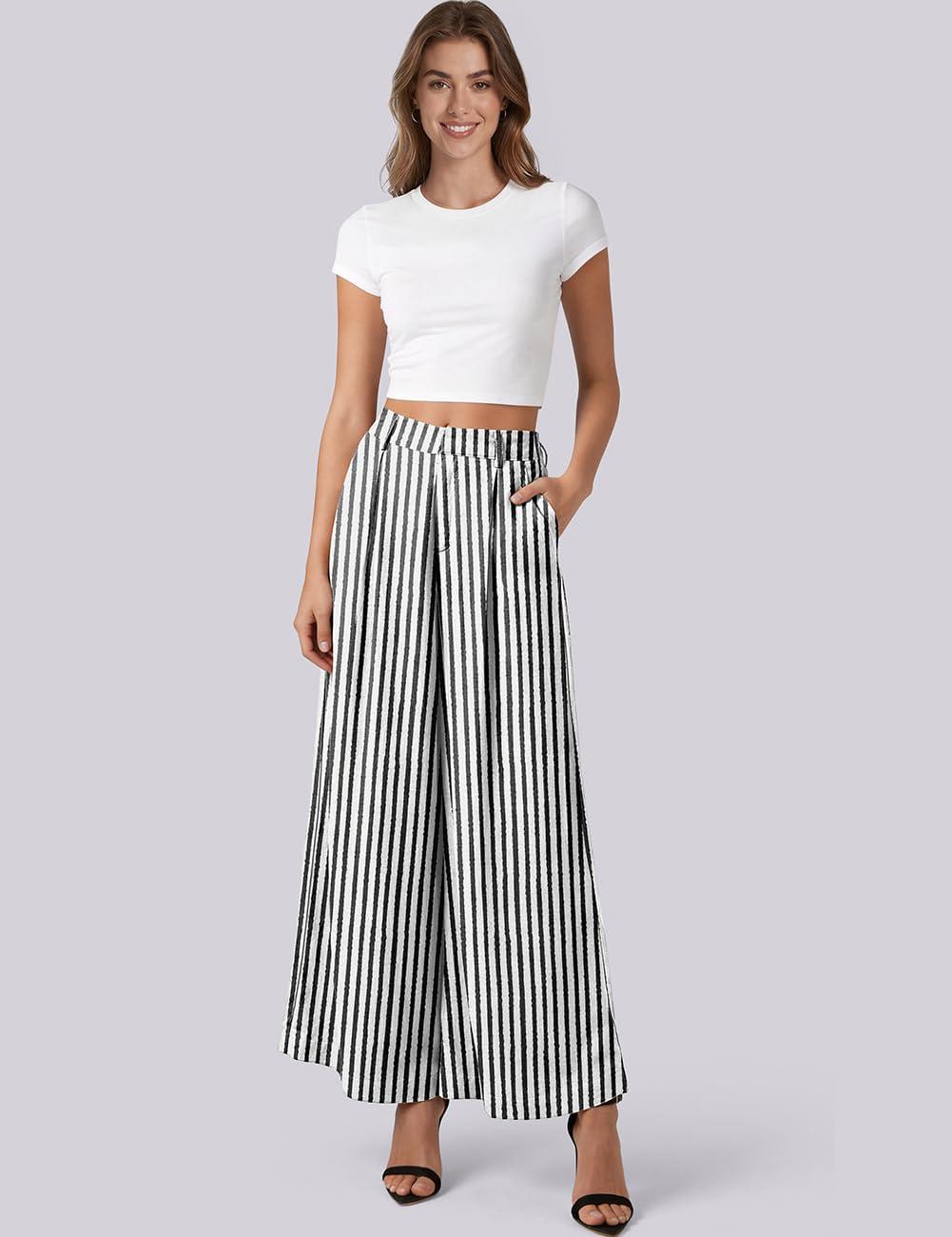 image:imageTARSE Womens Linen Wide Leg Palazzo Pants 2026 High Waist Pleated Printed Flowy Work Casual Trousers with PocketsStripeblackwhite