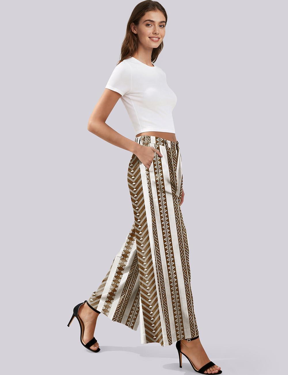 image:imageTARSE Womens Linen Wide Leg Palazzo Pants 2026 High Waist Pleated Printed Flowy Work Casual Trousers with PocketsStripecoffee