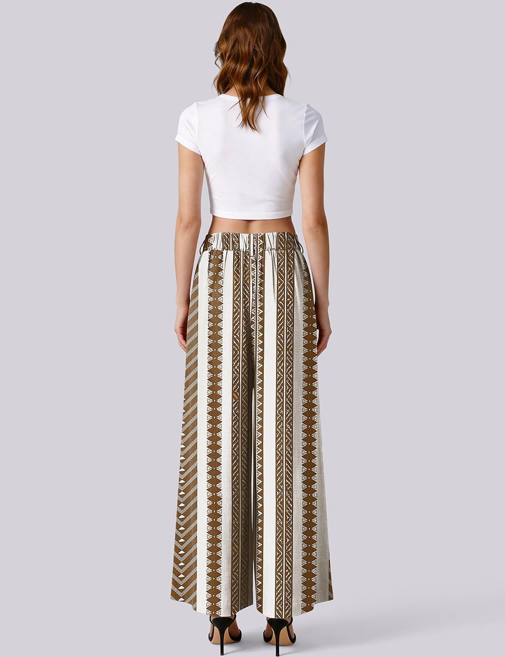 image:imageTARSE Womens Linen Wide Leg Palazzo Pants 2026 High Waist Pleated Printed Flowy Work Casual Trousers with PocketsStripecoffee