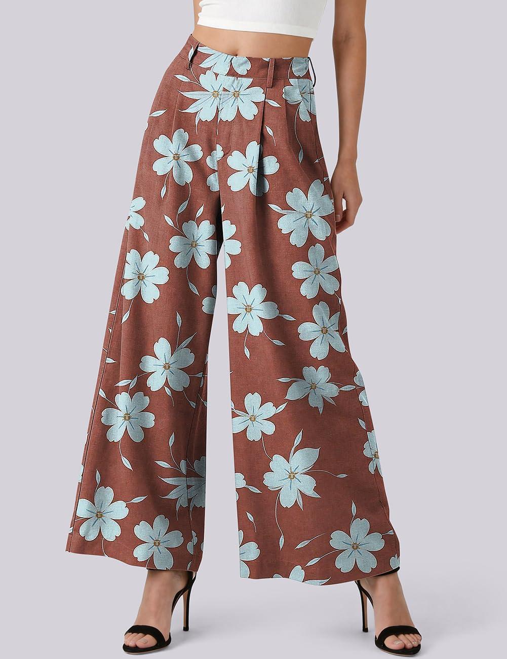 image:imageTARSE Womens Linen Wide Leg Palazzo Pants 2026 High Waist Pleated Printed Flowy Work Casual Trousers with PocketsWinebluefloral