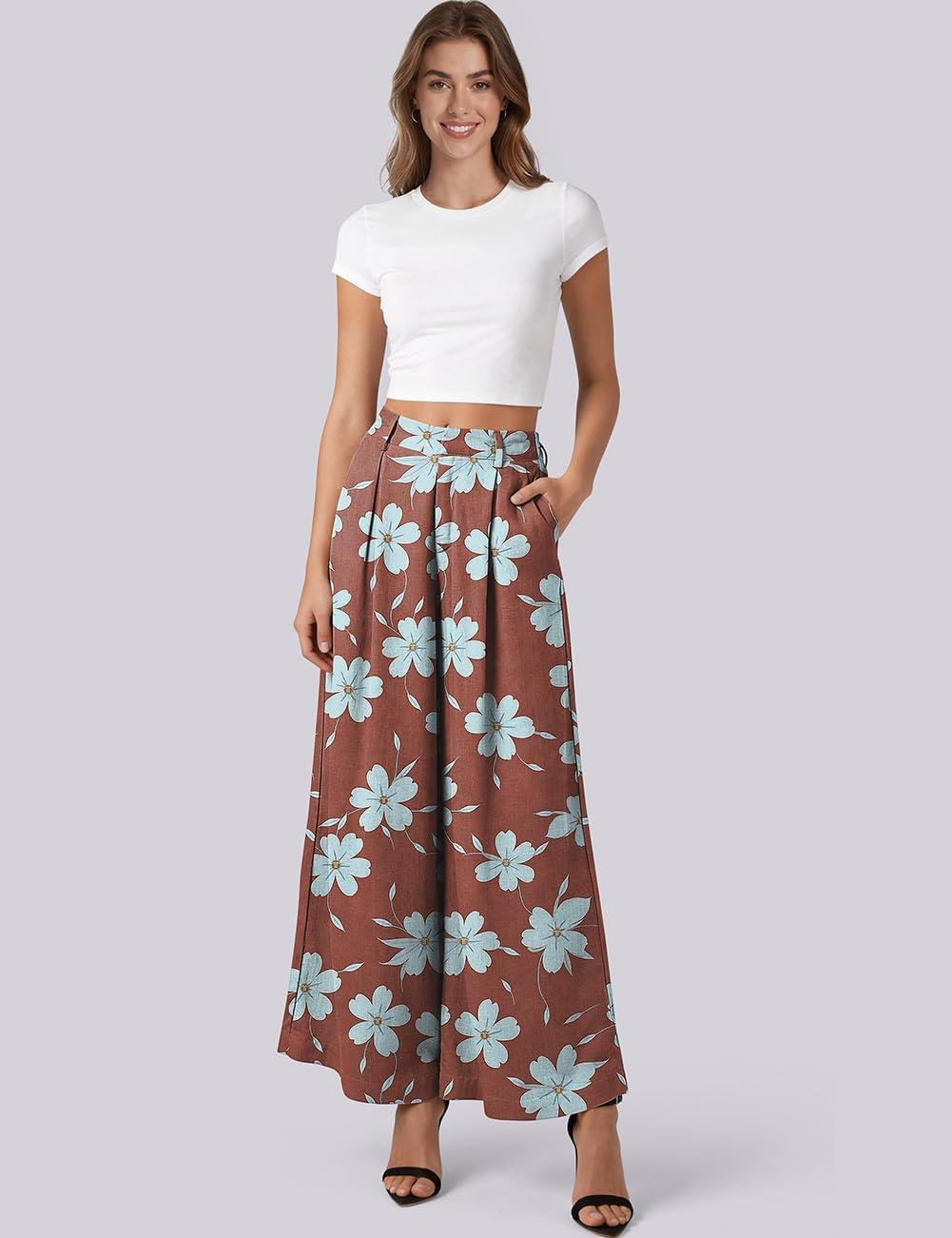 image:imageTARSE Womens Linen Wide Leg Palazzo Pants 2026 High Waist Pleated Printed Flowy Work Casual Trousers with PocketsWinebluefloral