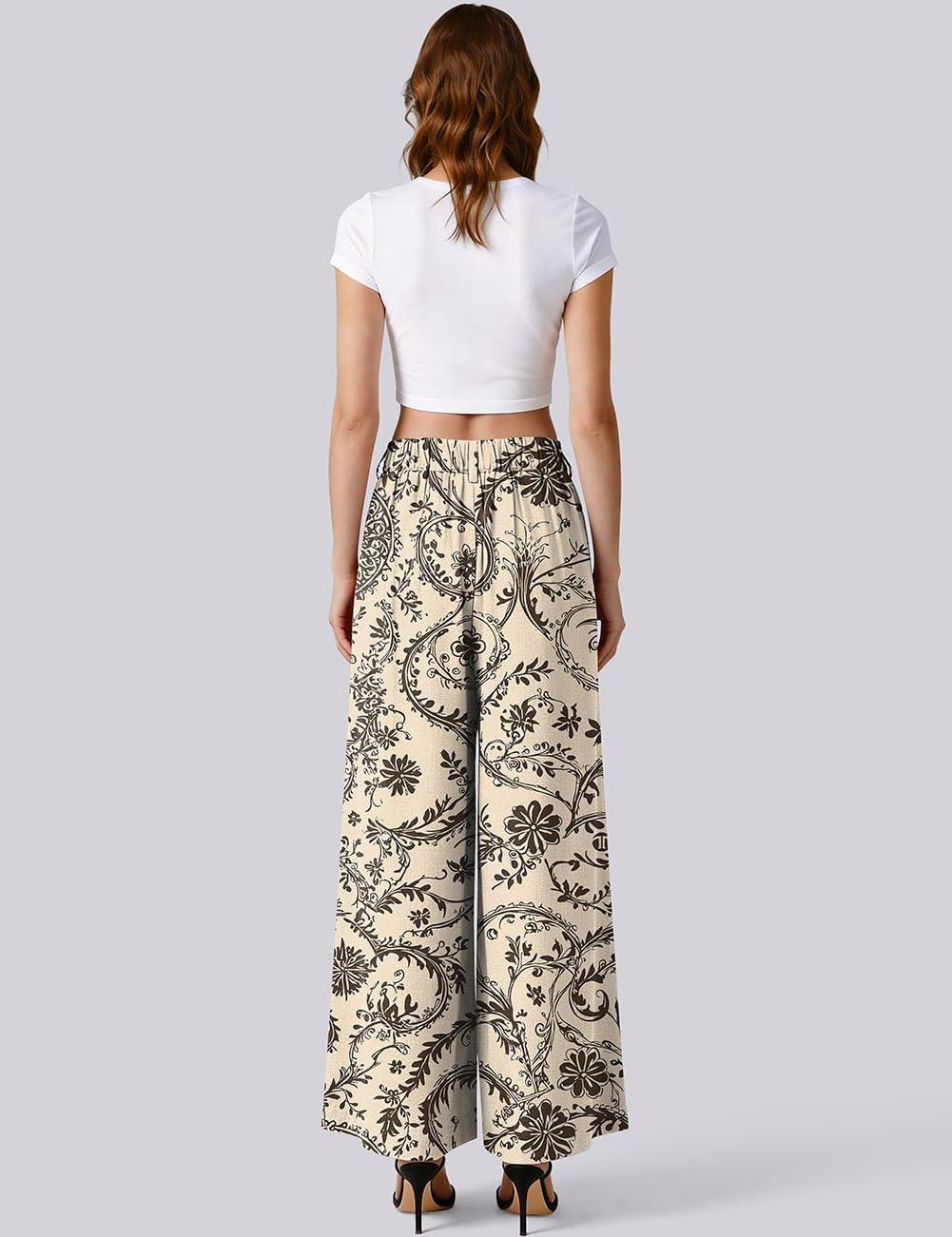 image:imageTARSE Womens Linen Wide Leg Palazzo Pants 2026 High Waist Pleated Printed Flowy Work Casual Trousers with PocketsWinebrown
