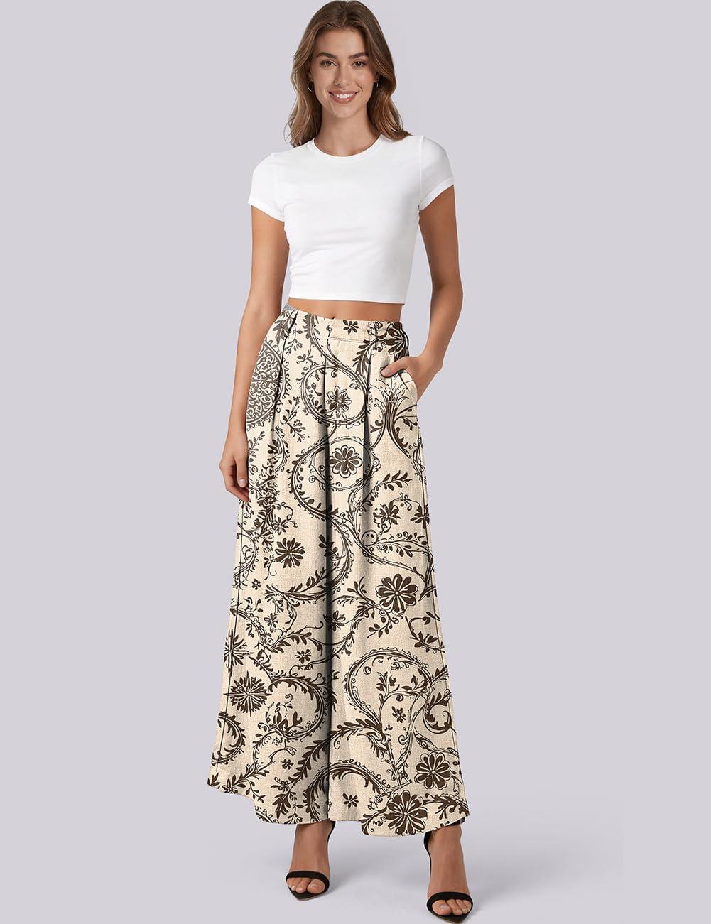 image:imageTARSE Womens Linen Wide Leg Palazzo Pants 2026 High Waist Pleated Printed Flowy Work Casual Trousers with PocketsWinebrown