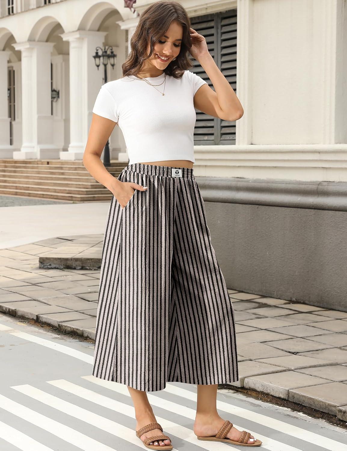 image:imageTARSE Womens Wide Leg Linen Capri Pants Summer Elastic Waist Palazzo Trousers Bottoms with PocketsStripe Black Beige