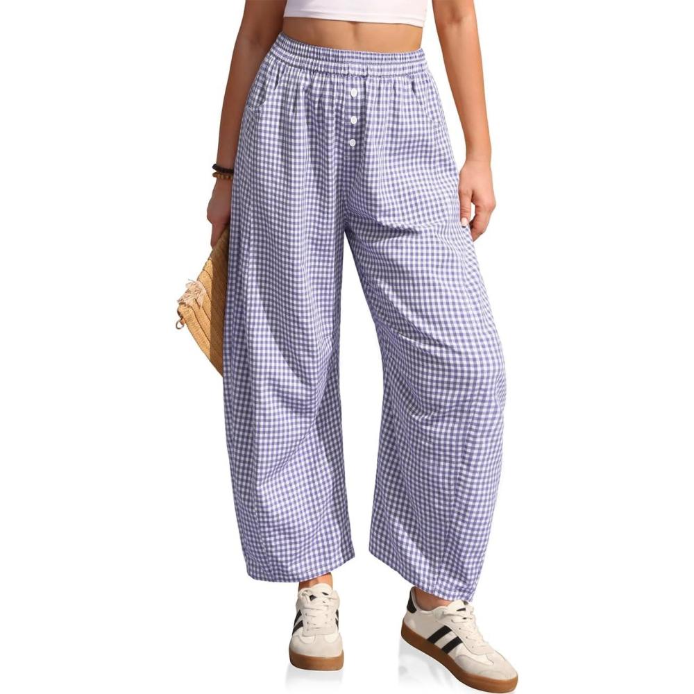image:imageTARSE Gingham Pants Women Barrel Loose Wide Leg Checkered Casual Linen Plaid Trousers with PocketsPurple White Plaid