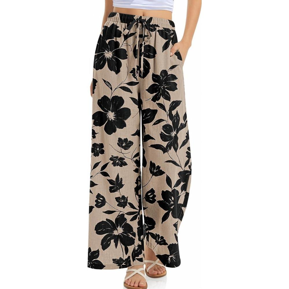 image:imageTARSE Women Linen Palazzo Pants Summer Wide Leg Casual Lounge Pant 2026 Beach Travel Vacation OutfitsBlack Floral