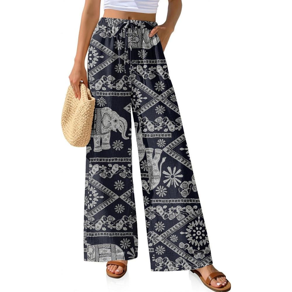 image:imageTARSE Women Linen Palazzo Pants Summer Wide Leg Casual Lounge Pant 2026 Beach Travel Vacation OutfitsElephant Navy