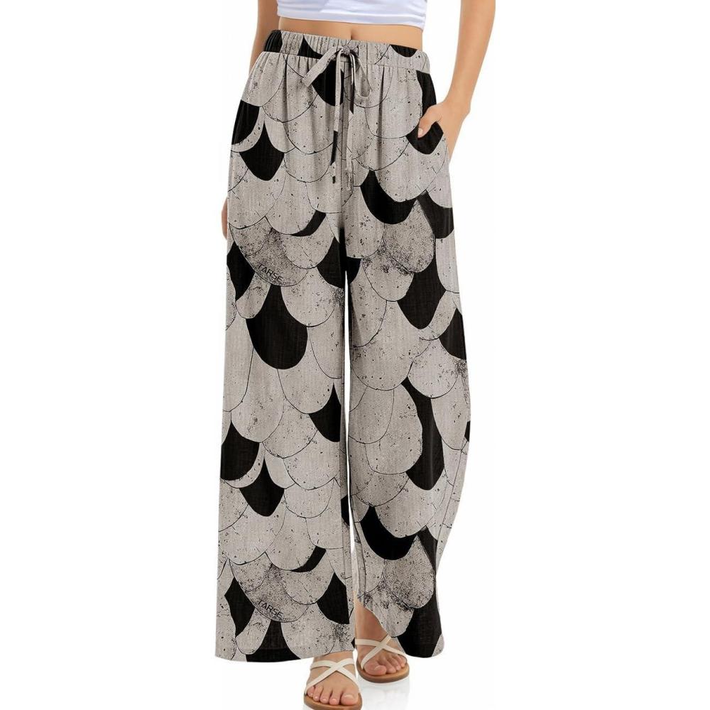 image:imageTARSE Women Linen Palazzo Pants Summer Wide Leg Casual Lounge Pant 2026 Beach Travel Vacation OutfitsSnake Scale Black