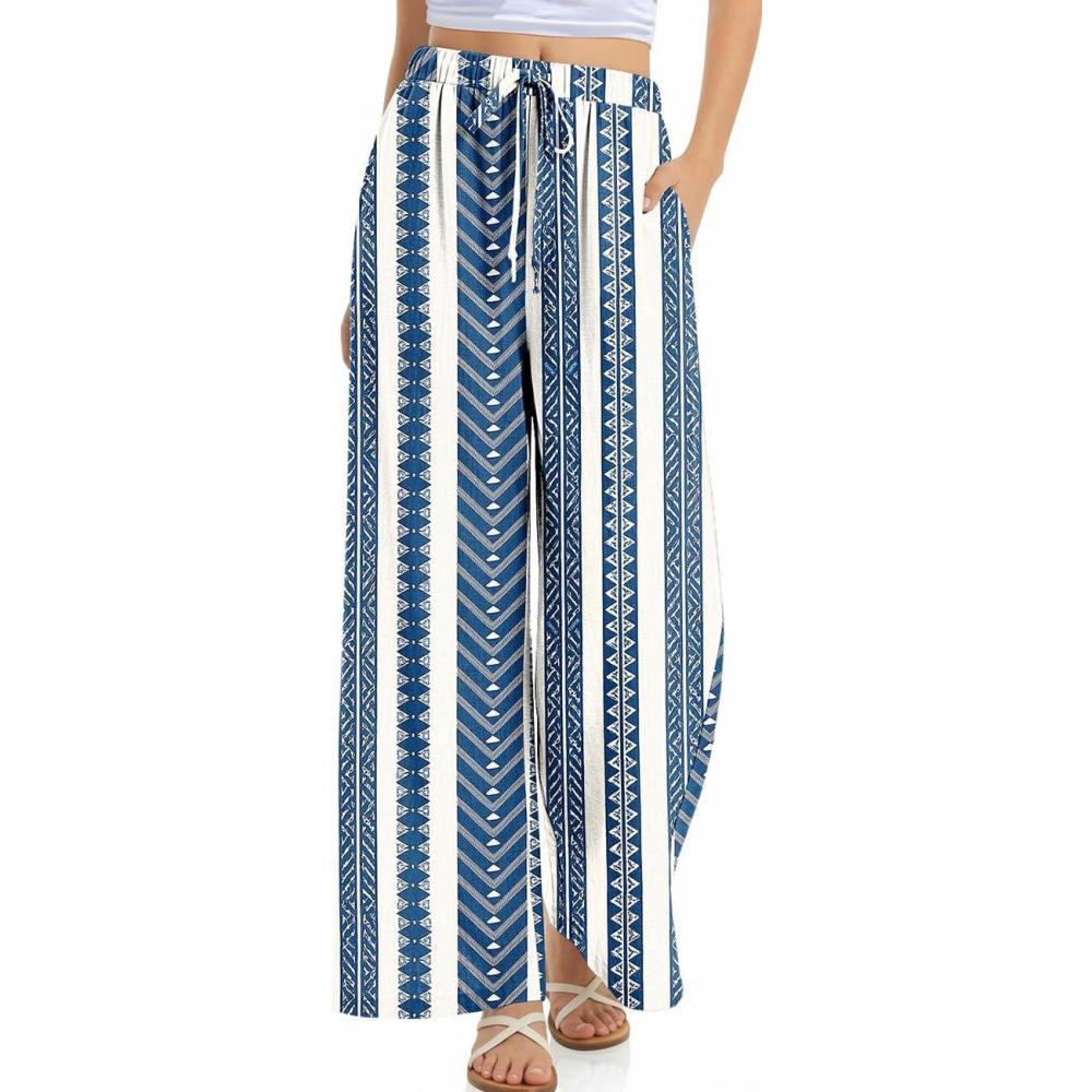 image:imageTARSE Women Linen Palazzo Pants Summer Wide Leg Casual Lounge Pant 2026 Beach Travel Vacation OutfitsStripe Blue