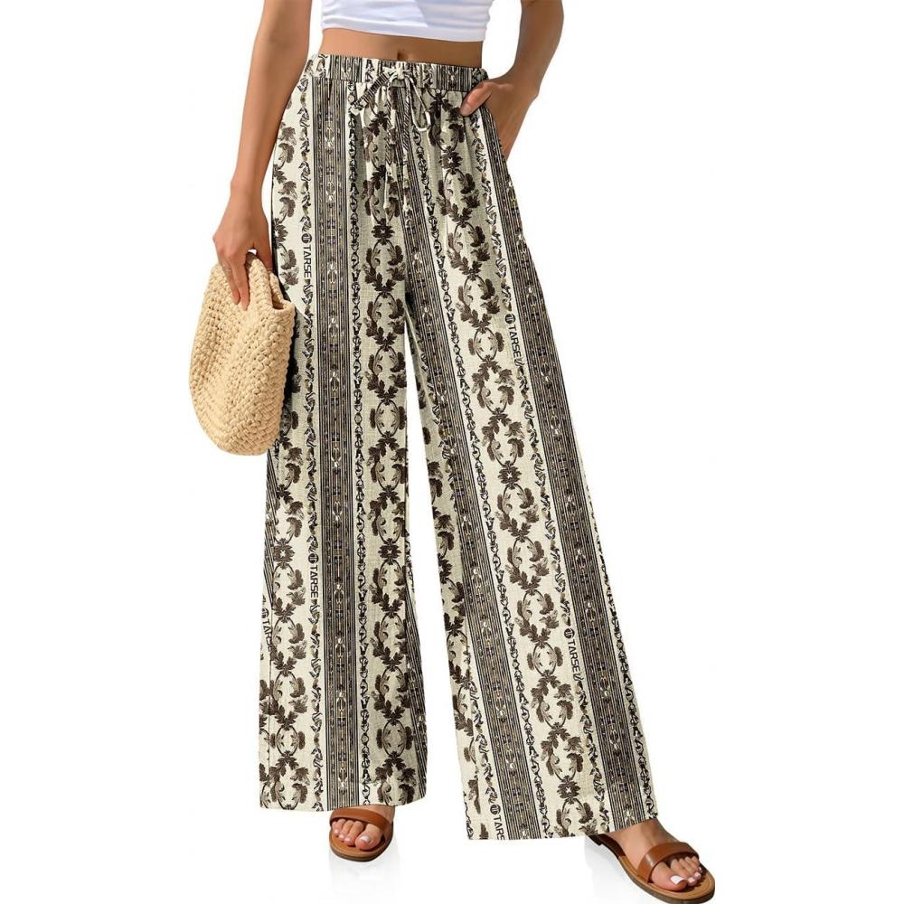 image:imageTARSE Women Linen Palazzo Pants Summer Wide Leg Casual Lounge Pant 2026 Beach Travel Vacation OutfitsStripe Khaki