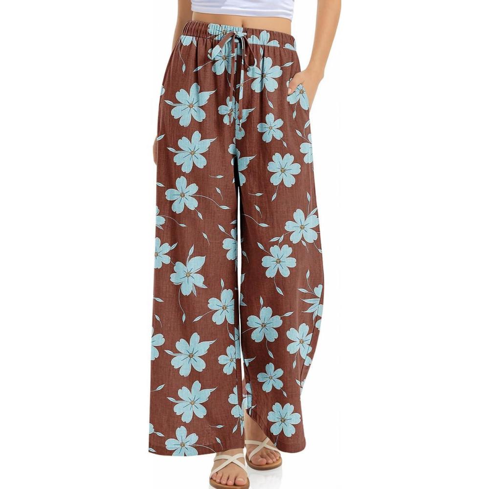 image:imageTARSE Women Linen Palazzo Pants Summer Wide Leg Casual Lounge Pant 2026 Beach Travel Vacation OutfitsWine Blue Floral