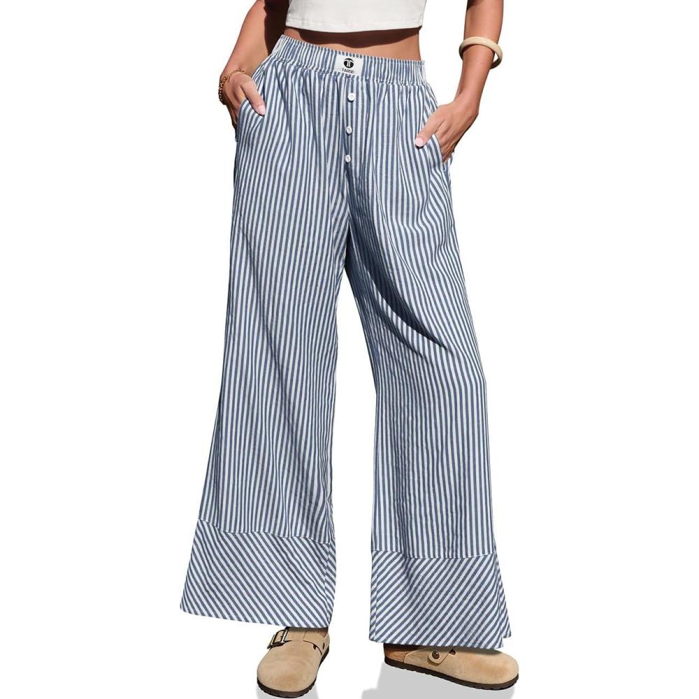image:imageTARSE Womens Gingham Striped Linen Pants Wide Leg Casual Cute Pajama Lounge Bottoms Plaid Trousers with PocketsNavy Stripe