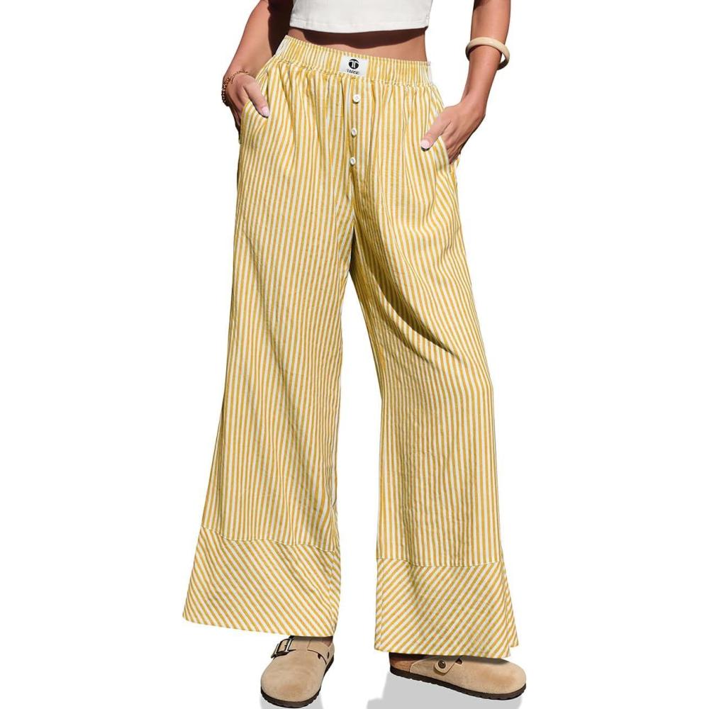 image:imageTARSE Womens Gingham Striped Linen Pants Wide Leg Casual Cute Pajama Lounge Bottoms Plaid Trousers with PocketsOrange Stripe