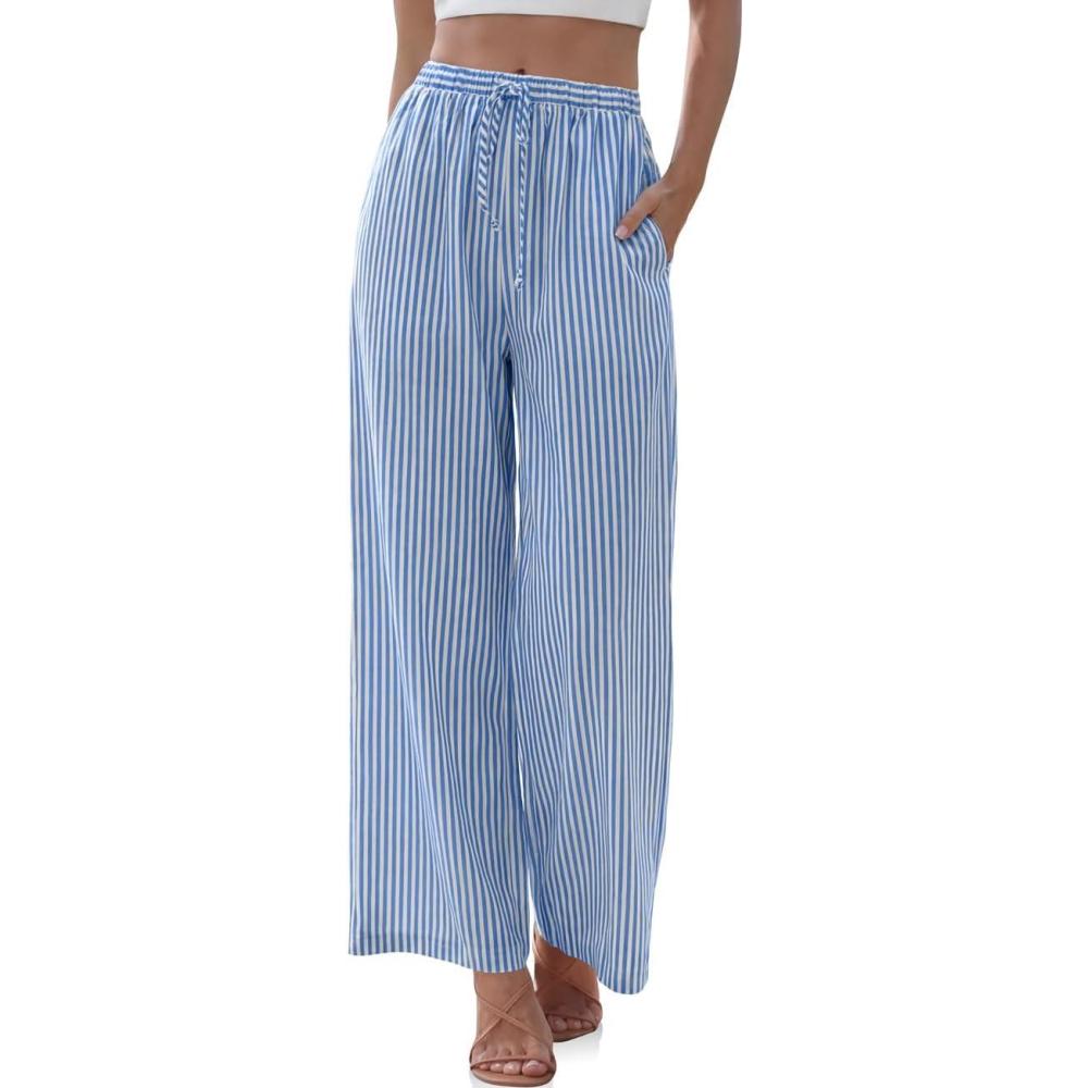 image:imageTARSE Womens Linen Striped Gingham Wide Leg Pants Palazzo Drawstring Lounge Pajama Pants Cute Casual Trousers with PocketsBlue Striped