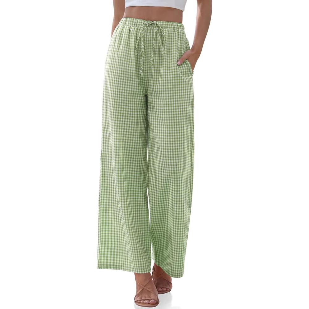 image:imageTARSE Womens Linen Striped Gingham Wide Leg Pants Palazzo Drawstring Lounge Pajama Pants Cute Casual Trousers with PocketsGreenwhite Plaid