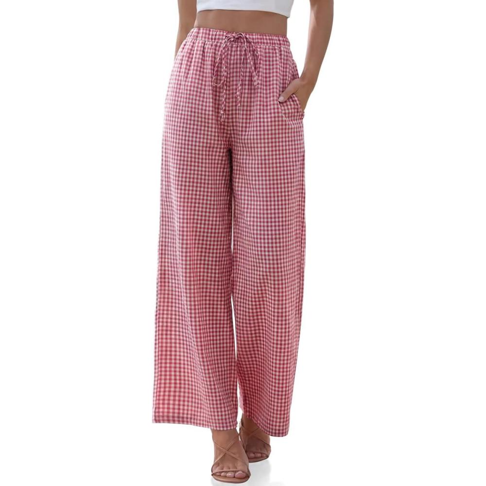 image:imageTARSE Womens Linen Striped Gingham Wide Leg Pants Palazzo Drawstring Lounge Pajama Pants Cute Casual Trousers with PocketsRedwhite Plaid