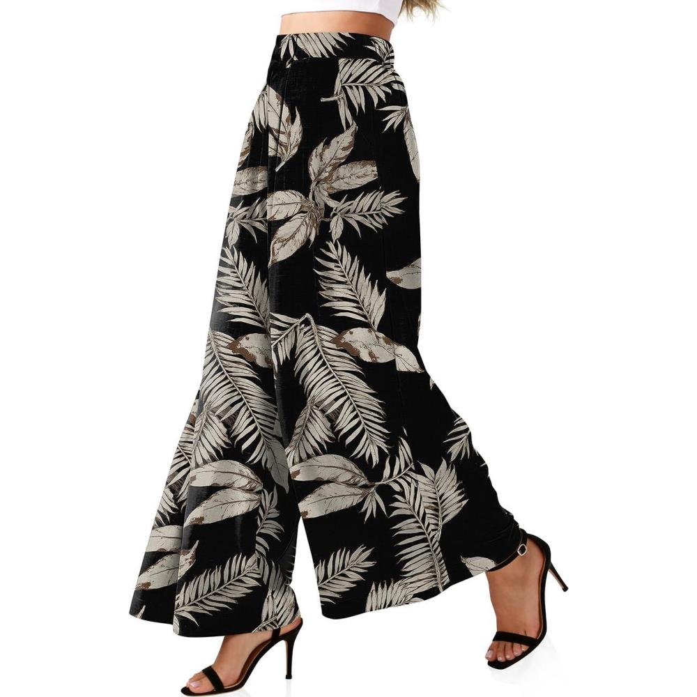 image:imageTARSE Womens Linen Wide Leg Palazzo Pants 2026 High Waist Pleated Printed Flowy Work Casual Trousers with PocketsBrycoconutleave