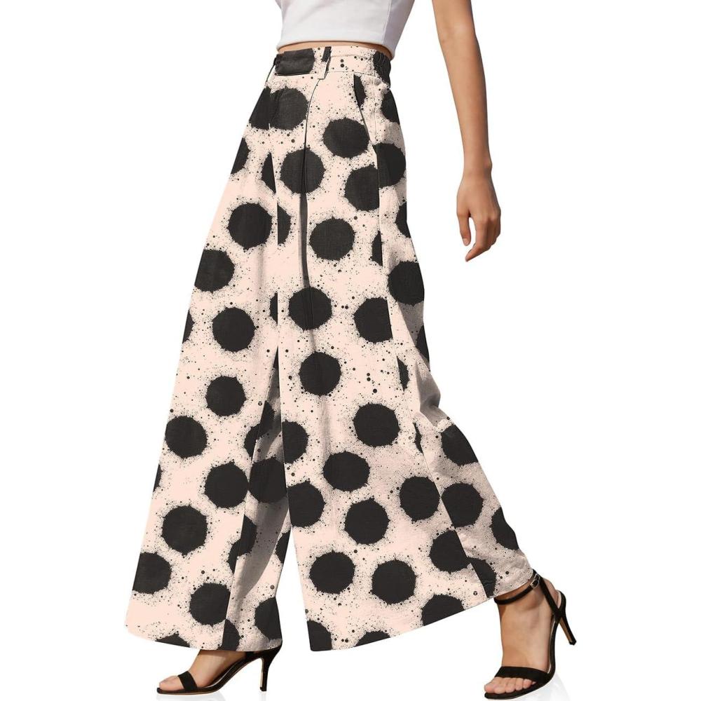 image:imageTARSE Womens Linen Wide Leg Palazzo Pants 2026 High Waist Pleated Printed Flowy Work Casual Trousers with PocketsDotvblack