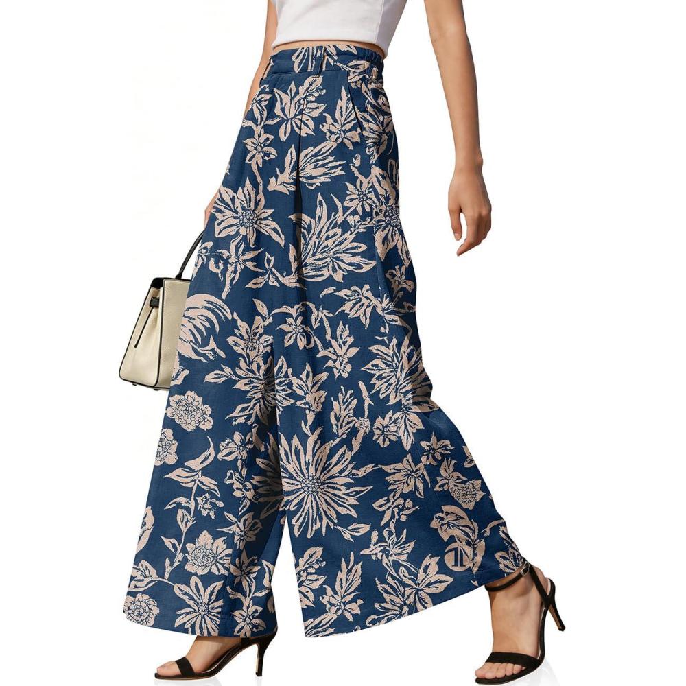 image:imageTARSE Womens Linen Wide Leg Palazzo Pants 2026 High Waist Pleated Printed Flowy Work Casual Trousers with PocketsFlowerleaveblue