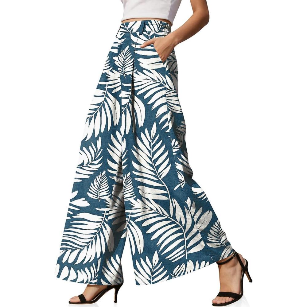 image:imageTARSE Womens Linen Wide Leg Palazzo Pants 2026 High Waist Pleated Printed Flowy Work Casual Trousers with PocketsLeafbluewhite