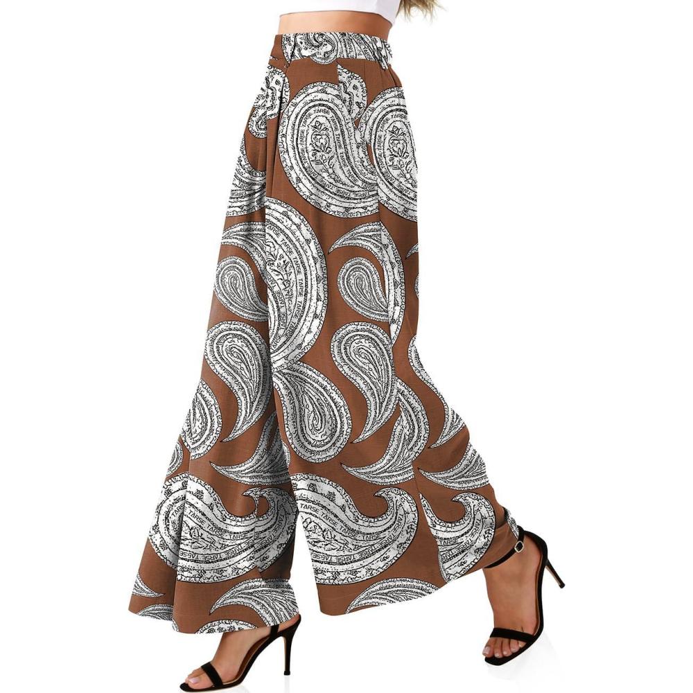 image:imageTARSE Womens Linen Wide Leg Palazzo Pants 2026 High Waist Pleated Printed Flowy Work Casual Trousers with PocketsPaisleycoffee