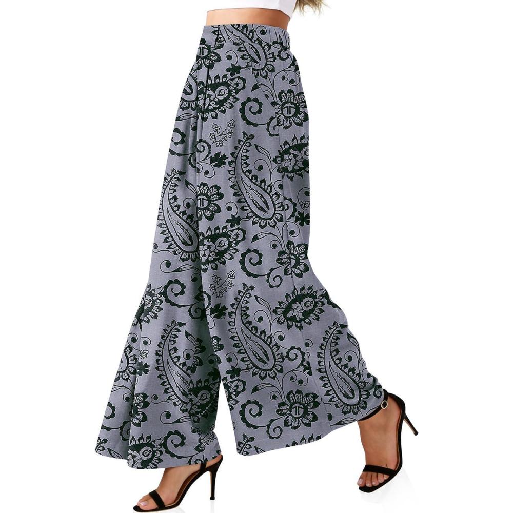 image:imageTARSE Womens Linen Wide Leg Palazzo Pants 2026 High Waist Pleated Printed Flowy Work Casual Trousers with PocketsPaisleygray