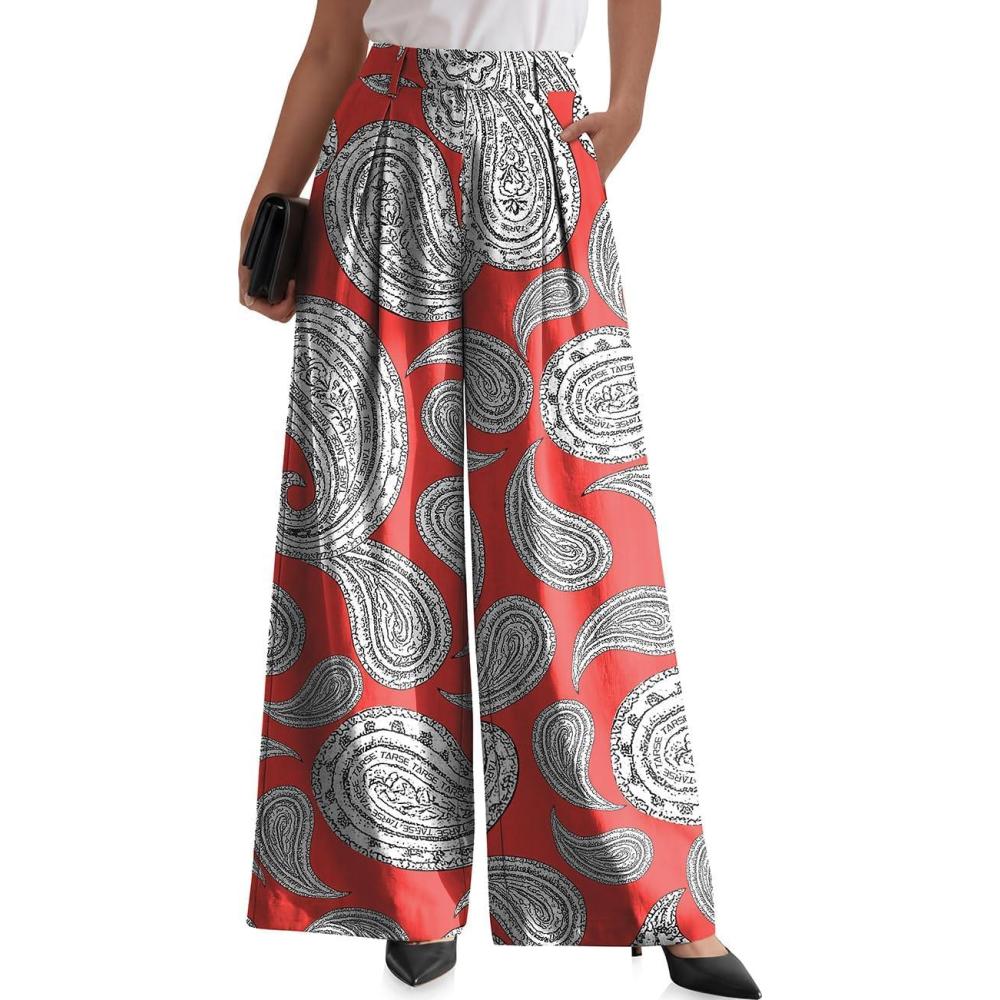 image:imageTARSE Womens Linen Wide Leg Palazzo Pants 2026 High Waist Pleated Printed Flowy Work Casual Trousers with PocketsPaisleyred