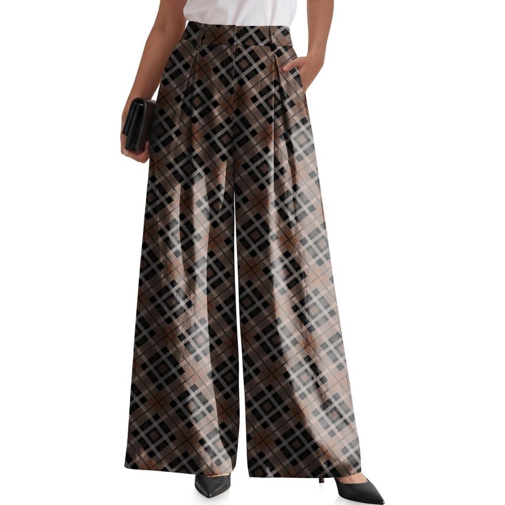 image:imageTARSE Womens Linen Wide Leg Palazzo Pants 2026 High Waist Pleated Printed Flowy Work Casual Trousers with PocketsTwillflangeblackcoffee