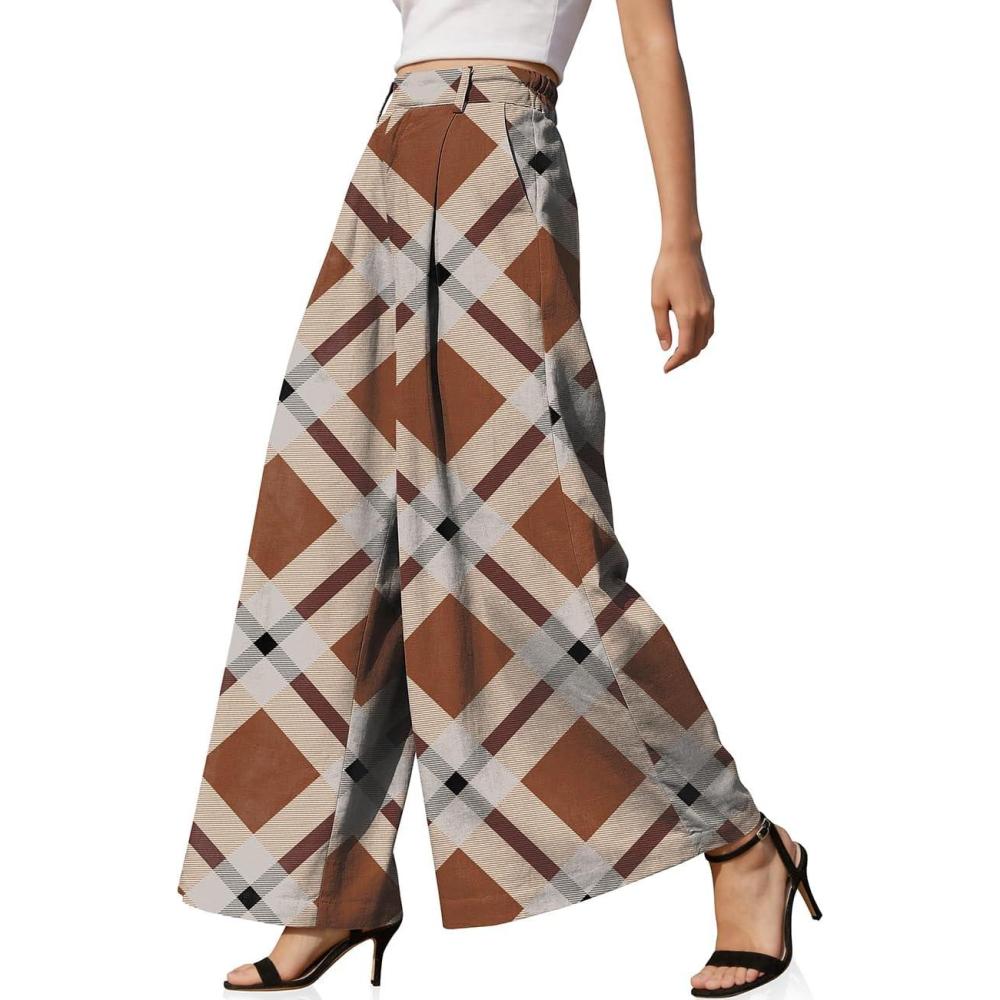 image:imageTARSE Womens Linen Wide Leg Palazzo Pants 2026 High Waist Pleated Printed Flowy Work Casual Trousers with PocketsTwillflangeorangegray