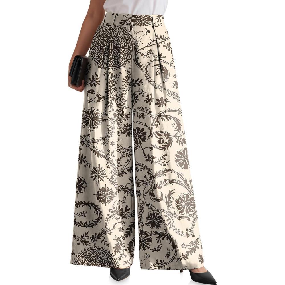 image:imageTARSE Womens Linen Wide Leg Palazzo Pants 2026 High Waist Pleated Printed Flowy Work Casual Trousers with PocketsWinebrown